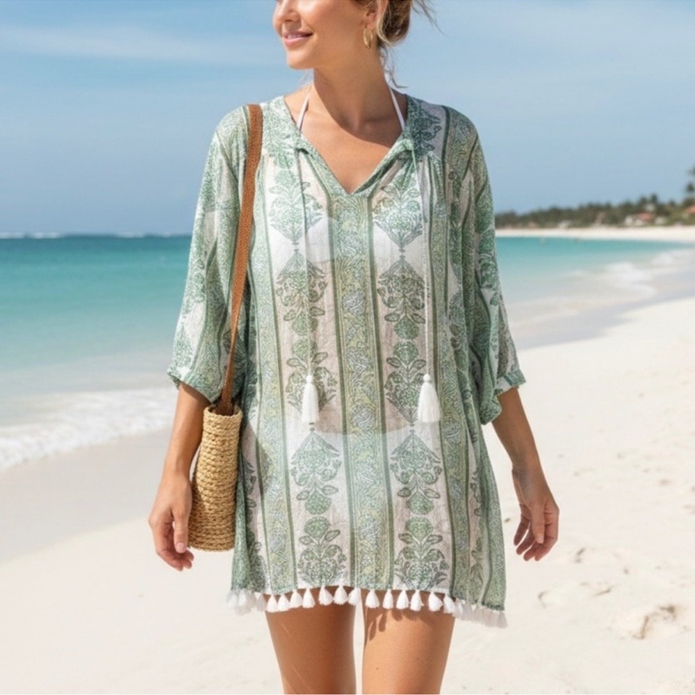 💚💚Roller Rabbit Green White Tasseled Abstract Caftan Swim Cover-Up Dress L💚💚